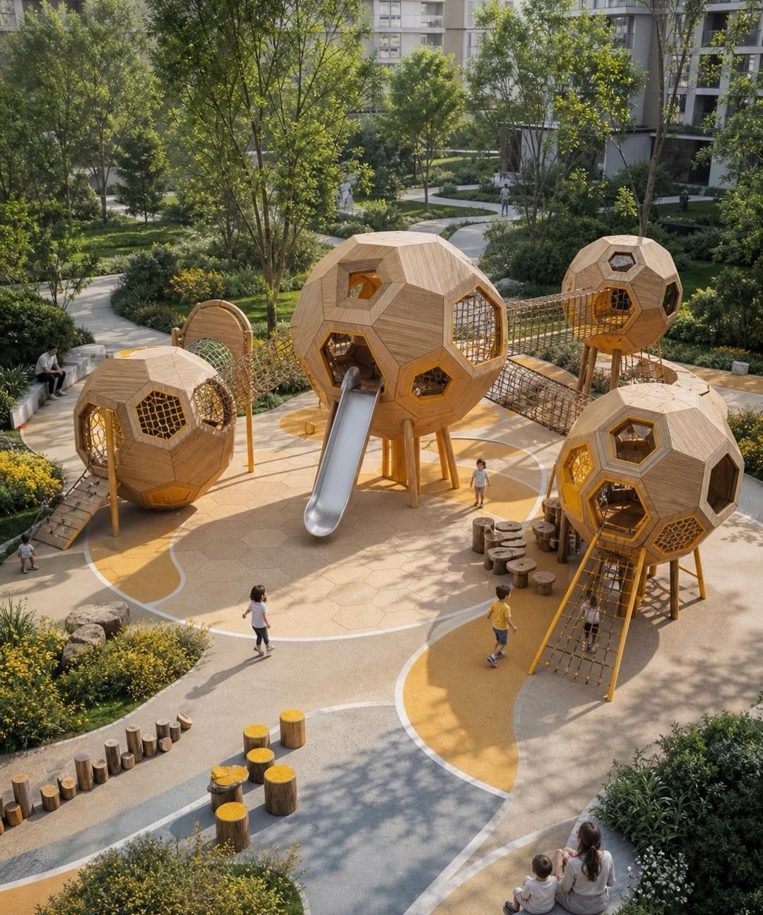 Timber climbing spheres and outdoor fitness structures