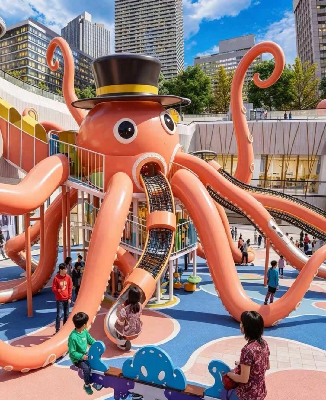 Giant orange octopus playground with tentacle slides